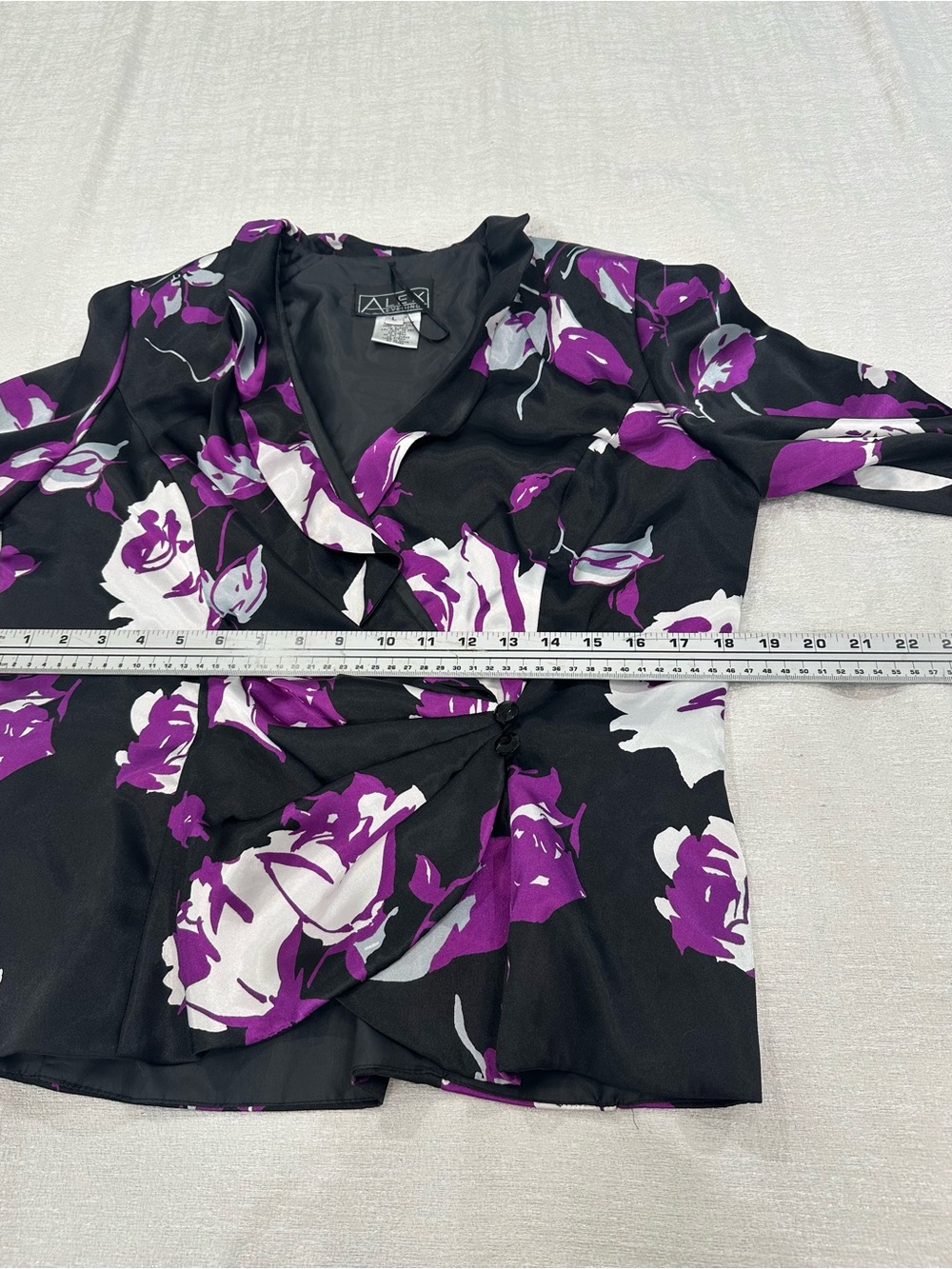 Alex Evenings Floral Satin Faux-Wrap Blouse Jacket Portrait Collar Purple Black - Picture 7 of 15